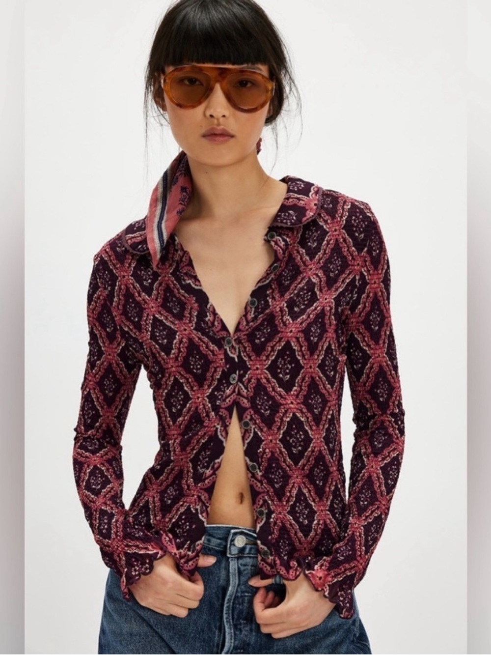 Free People Caught A Feeling Cardigan XS Pink Purple Geometric Whimsigoth Grunge